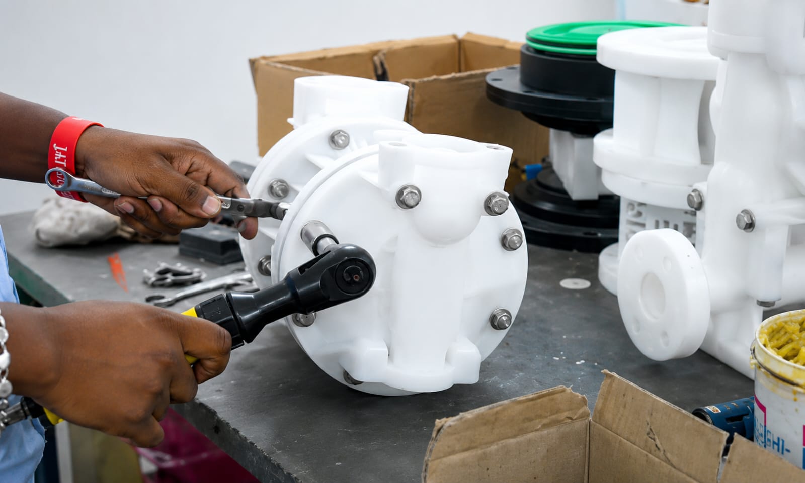 AODD pump assembly — pump body, diaphragms, air valve and check valves — Antlia Engineering Works Mumbai
